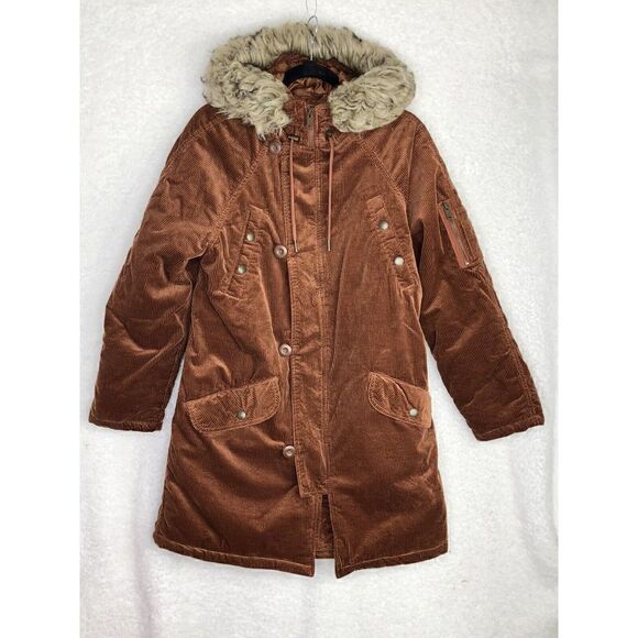 AMERICAN EAGLE AE Women's Y2K Corduroy Penny Lane Long Parka Coat Faux Fur Med - Picture 1 of 12